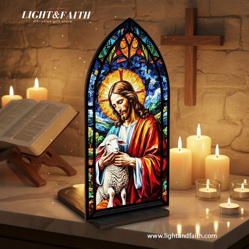 Christian Jesus The Good Shepherd Book Nook Decor, Stained Glass Window Style LED Light, Religious Home Altar Decoration, Faith Gift for Prayer and Blessing BNLAF16